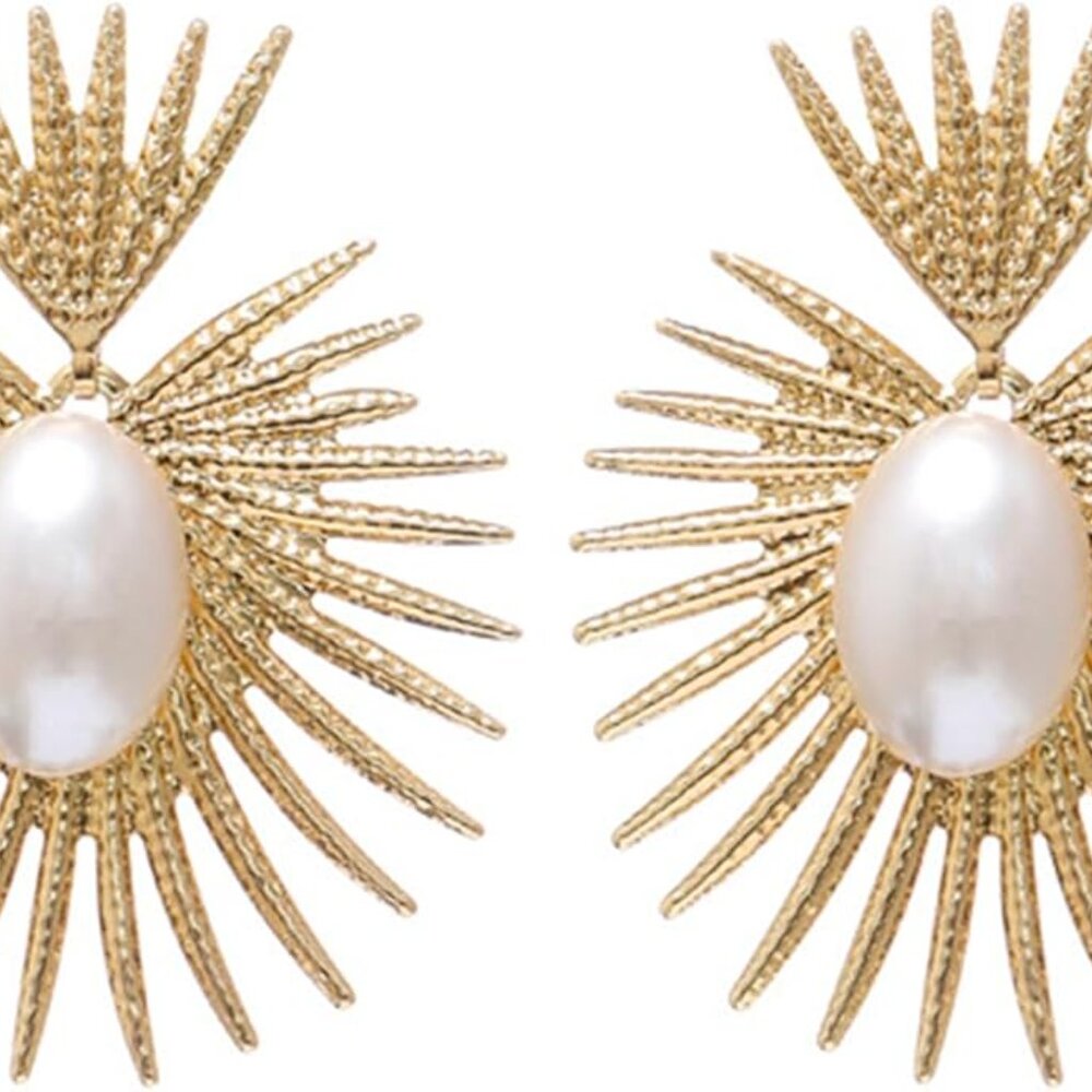 Radiance Gold Large Pearl Heart Crown Sunburst Beam Ray Regal Royal Earring - Picture 3 of 5